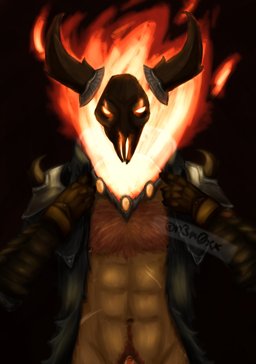 1boy abs animal_skull armor bara body_hair coat demon fire high_noon_series high_noon_thresh horn horns league_of_legends male male_only monster n3m0xx nipple_piercing riot_games scar shirtless skull solo thresh