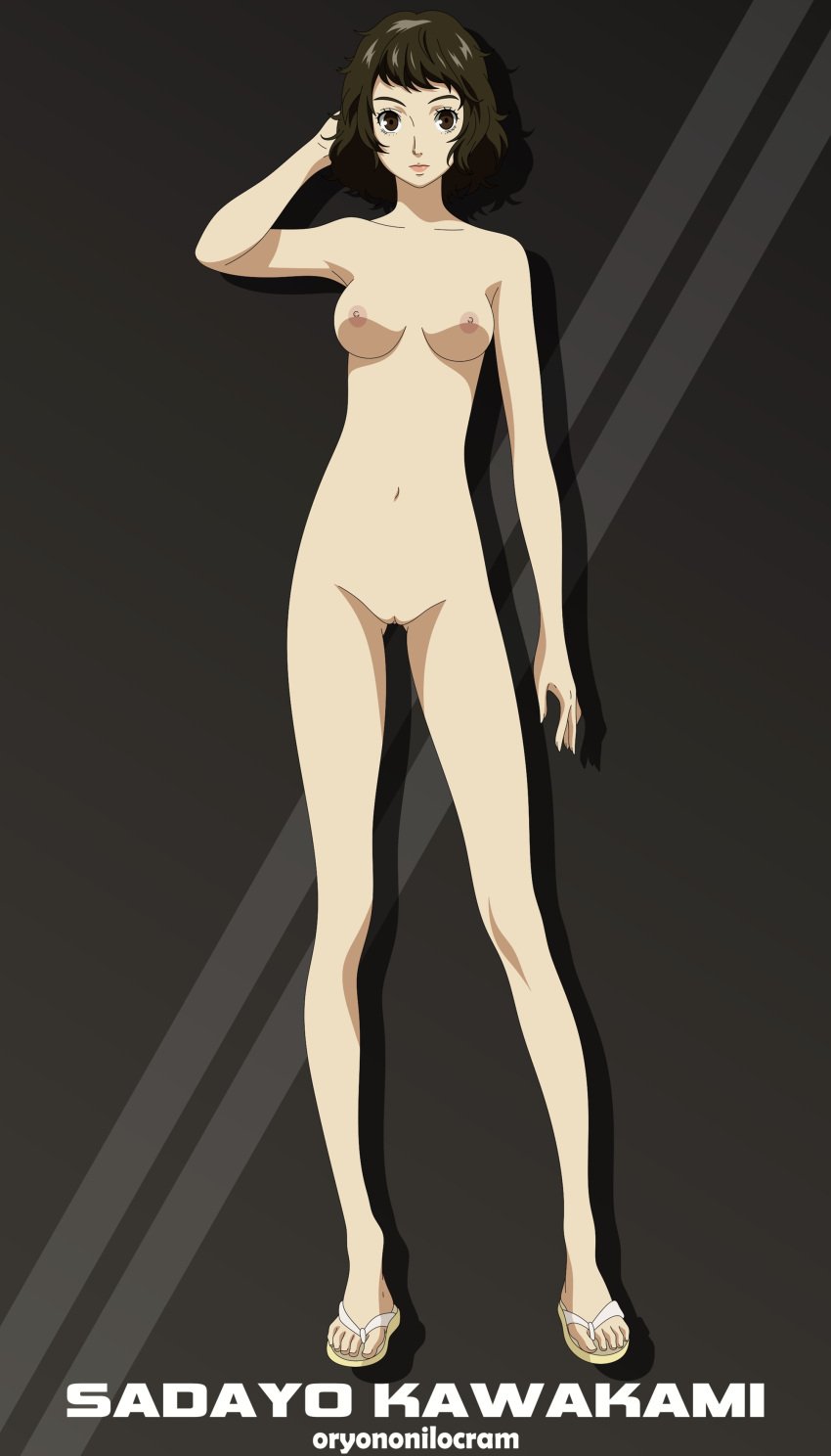 1girls accurate_art_style black_hair boobs breasts feet female female_only japanese_female medium_breasts naked nipples nude nude_female nude_filter oryononilocram persona persona_5 pussy sadayo_kawakami sandals sandals_only shaved_pussy short_hair solo solo_female thigh_gap tits toes vagina