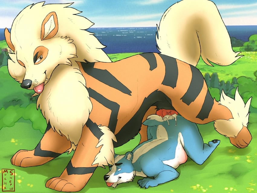 2boys ahe_gao anal anal_sex animal_genitalia animal_penis anthro anthro_on_feral arcanine big_dom_small_sub canine_penis cum cum_in_ass cum_inside cum_leaking duo erection feral furry gay interspecies knot male male_only mammal mochashep nintendo original_character outside overweight overweight_male penetration penis pokemon pokemon_(species) pokemon_rgby size_difference skunk tongue tongue_out veins video_games yaoi zoophilia