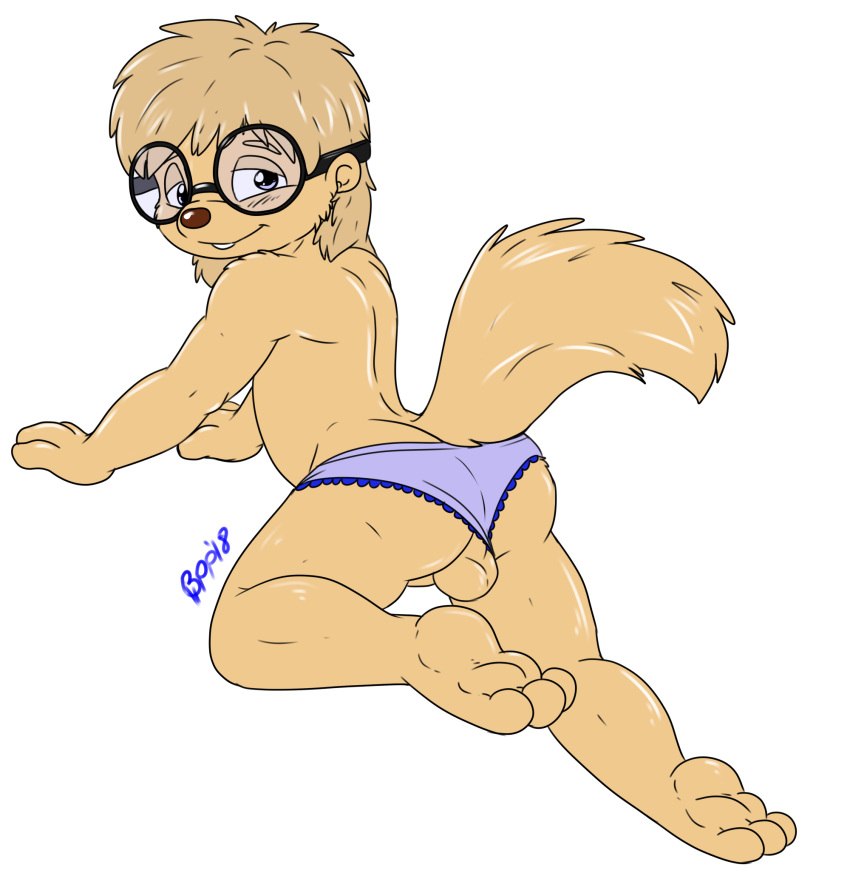 alvin_and_the_chipmunks anthro ass balls blue_eyes bluepawpanda blush chipmunk clothing eyewear fluffy fluffy_tail girly glasses hair hi_res long_hair looking_at_viewer looking_back male mammal panties panties_aside penis pose raised_tail rodent simon_seville simple_background smile solo underwear underwear_aside white_background