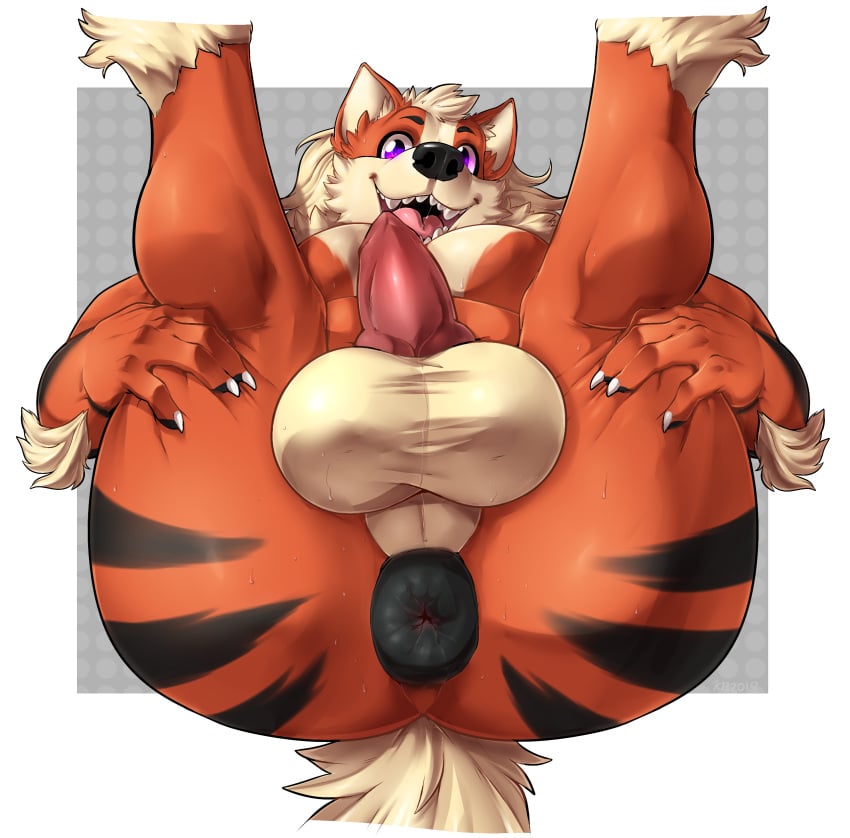 1boy absurd_res anatomically_correct anatomically_correct_penis animal_genitalia animal_penis anthro anus arcanine arcy_the_arcanine canine canine_penis erection hi_res kenjiii large_ass male male_only mammal nintendo penis pokemon pokemon_(species) presenting puffy_anus purple_eyes solo stripes sweat testicles thick_thighs video_games wide_hips