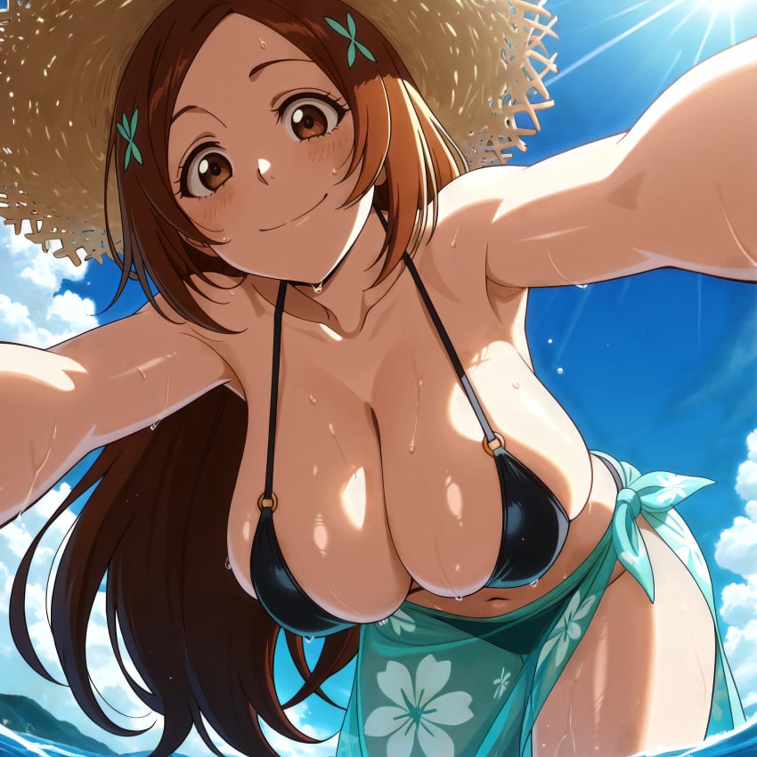 ai_generated beach bikini black_bikini bleach breasts_focus huge_breasts inoue_orihime long_hair selfie smile voluptuous_female