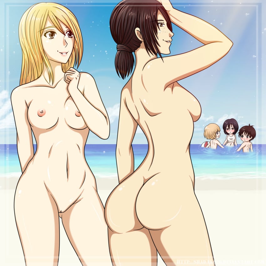 2boys 3girls arm_up armin_arlert ass attack_on_titan back bare_back beach black_hair blonde_hair blush breasts christa_lenz clothed_female_nude_female clothed_female_nude_male eren_jaeger female freckles grin hand_up historia_reiss human human_only looking_at_another looking_at_viewer looking_back male medium_breasts mikasa_ackerman multiple_boys multiple_females multiple_girls multiple_males navel nipples nude outdoors ponytail pussy shadako26 shingeki_no_kyojin short_hair sideboob smile standing uncensored ymir_(shingeki_no_kyojin)