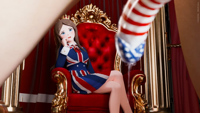 1boy 1girls 3d 4th_of_july aacharsensei american_flag blue_eyes british brown_hair clothed_female_nude_male crown imminent_rape iris_(aacharsensei) light_skin national_personification penis precum straight surprised throne union_jack