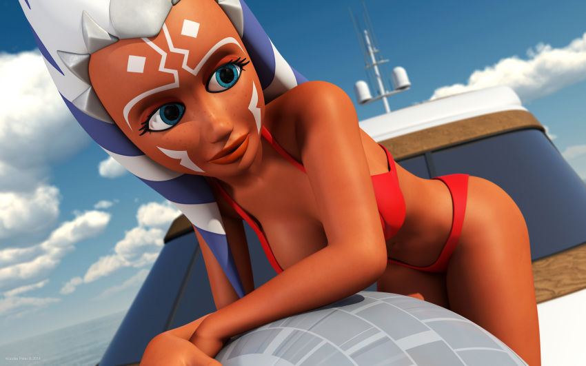 1girls 2014 3d ahsoka_tano alien alien_girl artist_name bare_shoulders bent_over big_breasts bikini bikini_bottom bikini_top blue_eyes busty cleavage clone_wars curvy day death_star_beach_ball detailed_background eyelashes female female_only front_view hourglass_figure humanoid jedi jedi_padawan kondaspeter looking_at_viewer mammal marking midriff orange_skin outdoor outside pose posing shadow shiny shiny_skin solo standing star_wars swimsuit thong togruta voluptuous wide_hips