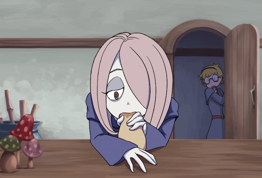 2girls animated caught cum cum_in_mouth desk door fellatio glasses little_witch_academia lotte_yansson multiple_girls mushroom oral penis sexually_suggestive sucking sucy_manbavaran vinegarjar watching