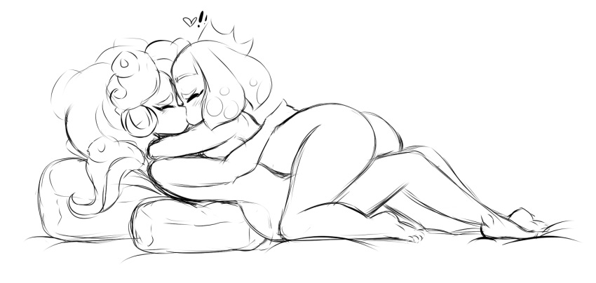 2girls ass bare_arms bare_legs barefoot bed black_and_white blush breast_press breasts closed_eyes crown cute dullvivid fluffernubber happy_sex headphones heart inkling kissing making_out marina_(splatoon) naked nintendo nude octoling pearl_(splatoon) pillow sex short_hair sideboob sketch splatoon splatoon_2 tentacle_hair thick thick_hips thick_thighs wide_hips yuri