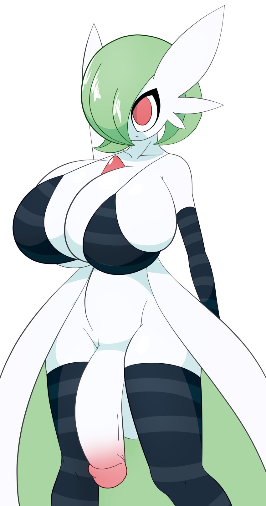 1futa bikini bra futa_only futanari gardevoir green_hair hyper hyper_penis intersex large_breasts large_penis penis pokemon pokemon_(species) pokemon_rse red_eyes shmeepo solo standing stockings white_background white_skin