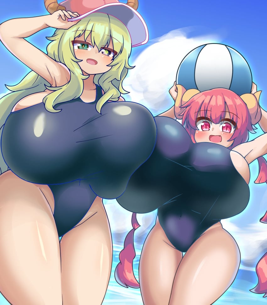 2girls ass beach beach_background beach_ball big_ass big_breasts black_eye blonde_female blonde_hair blonde_hair blonde_hair_female blue_swimsuit blush blush blush_lines blushing_at_viewer blushing_female breasts breasts_bigger_than_head breasts_bigger_than_torso breasts_pressed_together bust busty busty_female busty_girl cap clothed cloudy_sky dragon dragon_girl dragon_horns dragon_humanoid duo exposed_thighs eyebrows eyebrows_visible_through_hair female female_focus female_humanoid female_only fertile_hips gigantic_breasts green_eyes hair hand_on_hat happy happy_female hat heterochromia hi_res high_resolution highres holding_beach_ball holding_beachball horn horned_helmet horned_humanoid horns horns_through_headwear hourglass_figure huge_breasts humanoid ilulu ilulu_(dragon_maid) ilulu_(maidragon) kobayashi-san_chi_no_maidragon large_breasts light-skinned light-skinned_female light_skin long_hair looking_at_viewer lucoa lucoa_(maidragon) massive_breasts miss_kobayashi's_dragon_maid multiple_girls narrow_waist no_humans no_visible_genitalia open_mouth open_mouth_smile pink_cap pink_eyes pink_hair pink_hat quetzalcoatl_(dragon_maid) school_swimsuit shinoe sideboob sky slim_waist slit_pupils smiling smiling_at_viewer standing swimsuit swimsuits textless thick_thighs thigh_gap thighs twin_braids twintails v-line very_long_hair voluptuous voluptuous_female water wide_hips yellow_hair yellow_iris