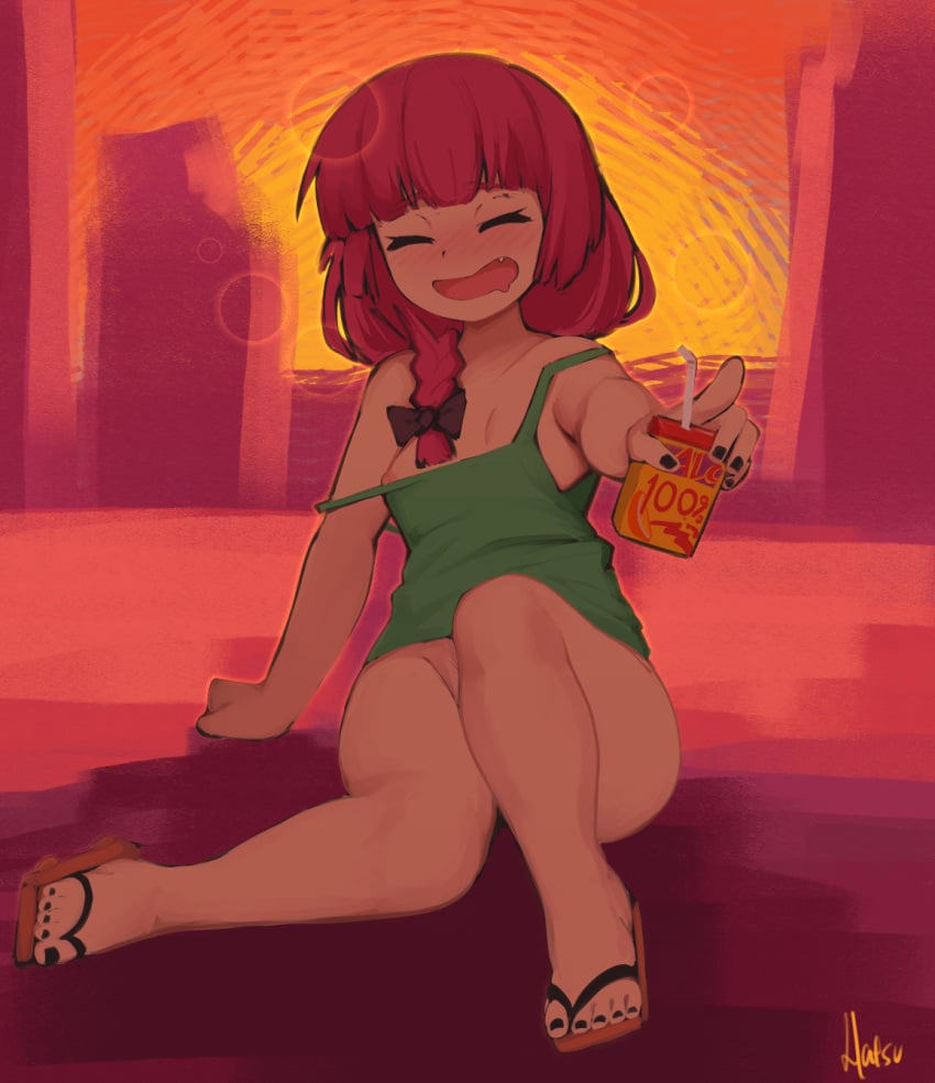 1girls bocchi_the_rock! breasts dress drunk drunk_bubble geta geta_sandals hatsumiilkshake hiroi_kikuri juice_box nipples no_bra no_panties sandals smile thighs