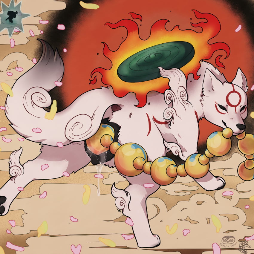 1:1 amaterasu_(okami) animal_genitalia animal_pussy anus artist_collaboration beads bodily_fluids canid canine canine_genitalia canine_pussy capcom clover_studio female feral foxvomitarts genital_fluids genitals hi_res improvised_sex_toy large_insertion looking_at_viewer mammal masturbation okami_(capcom) paws penetration prayer_beads pussy solo stretched_pussy vaginal_fluids vaginal_masturbation vaginal_penetration vaginal_penetration