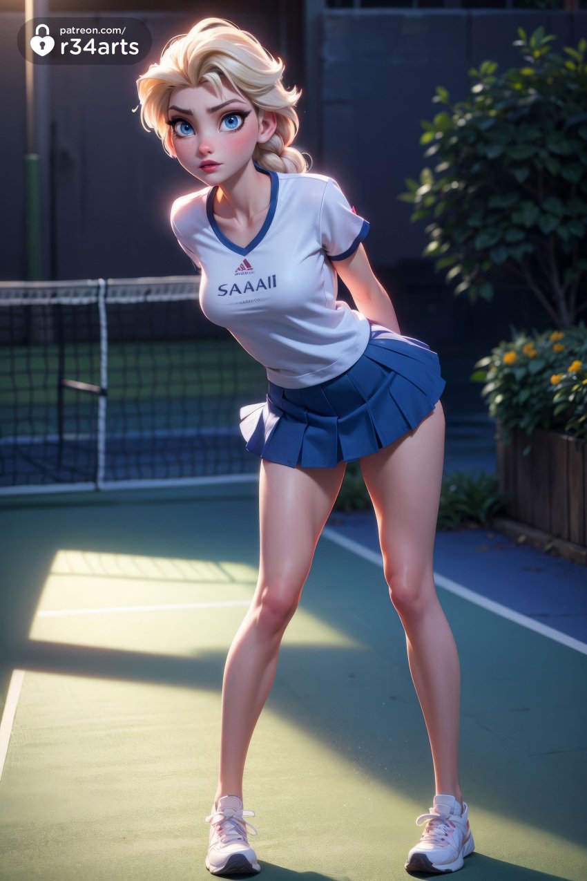 1girls ai_generated arms_behind_back artist_name bare_legs blonde_hair blue_eyes blue_skirt blush braid breasts collarbone disney disney_princess elsa_(frozen) frozen frozen_(film) frozen_2 full_body hi_res leaning_forward legs lips long_hair looking_at_viewer miniskirt outdoors pleated_skirt r34arts shirt shoes short_sleeves skirt sneakers solo sportswear standing web_address white_footwear white_shirt