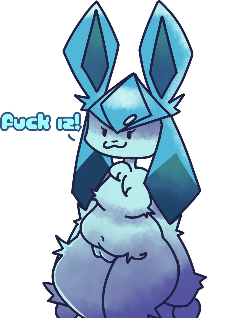 :3 anthro bangs blue_fur breasts canine chubby digital_media_(artwork) fat_pussy fur furry generation_4_pokemon glaceon huge_thighs joke_art male male_focus male_only nintendo no_nipples pokemon pokemon_(species) self_upload simple_eyes tagme tail text white_background