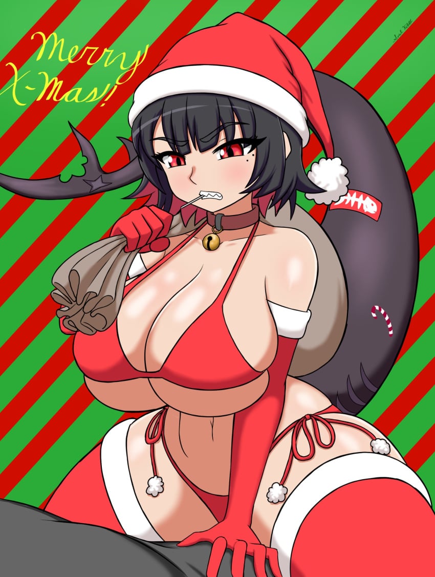 big_breasts bikini black_hair christmas ellen_joe red_eyes santa_claus santa_costume santa_hat shark_girl shark_tail short_hair soulkibble thick_thighs zenless_zone_zero