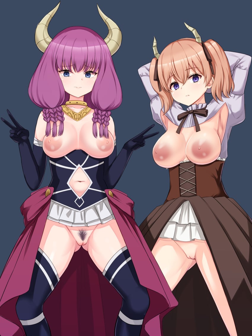 2girls armpits arms_up aura_(sousou_no_frieren) black_gloves blue_eyes boots bottomless braid breastless_clothes breasts cleft_of_venus clothing_cutout collarbone corset demon_girl demon_horns double_v dress elbow_gloves female_pubic_hair gloves gluteal_fold gold_necklace hair_ribbon highres horns jewelry large_breasts linie_(sousou_no_frieren) long_hair looking_at_viewer low-tied_long_hair multiple_braids multiple_girls navel navel_cutout necklace nipples no_bra no_panties pink_hair pleated_skirt pubic_hair pussy red_ribbon ribbon shipua_(the_worst_night_ever) skirt sousou_no_frieren thigh_boots thighs twin_braids twintails v waist_cape white_skirt