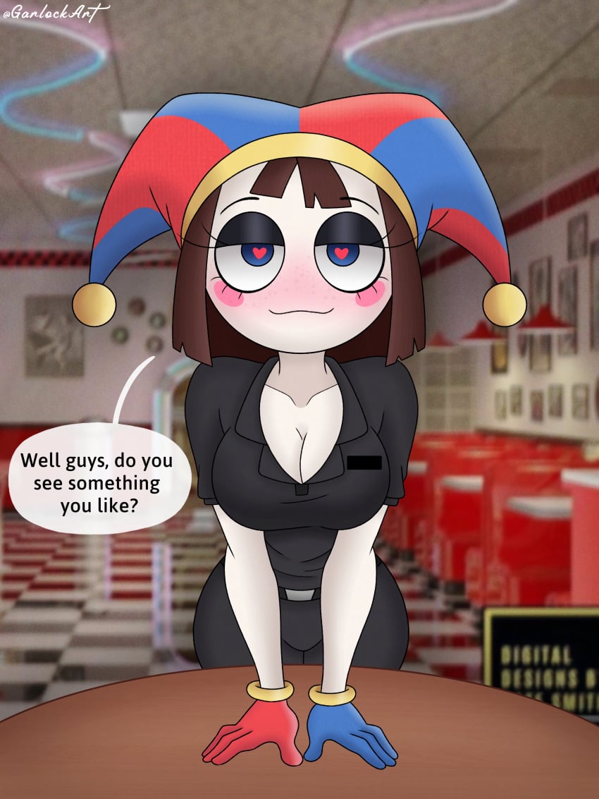 1girls blushing breasts brown_hair cleavage fast_food_uniform female female_only flirting garlock gloves half-closed_eyes hands_on_table heart-shaped_pupils jester jester_hat netflix pomni pomni_(spudsy's) pomni_(tadc) pomni_(the_amazing_digital_circus) the_amazing_digital_circus