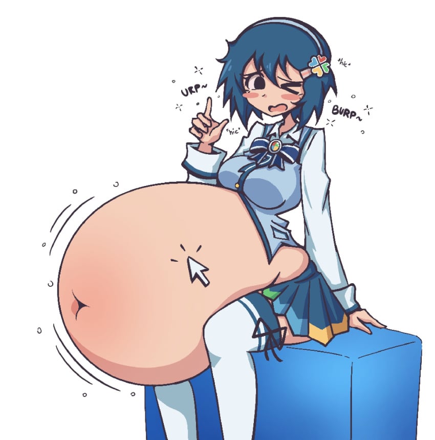 1girls about_to_burst ayumubelly belly belly_button belly_out big_belly black_eyes bloated_belly blue_cube blue_hair blush_stickers breasts breasts_on_belly burp burping clicking cursor female female_focus female_only hanging_belly hi_res hiccuping highres huge_belly imokenpi_(3d) innie_belly_button madobe_nanami microsoft one_eye_closed open_mouth os-tan sitting skirt solo solo_female white_background windows_7