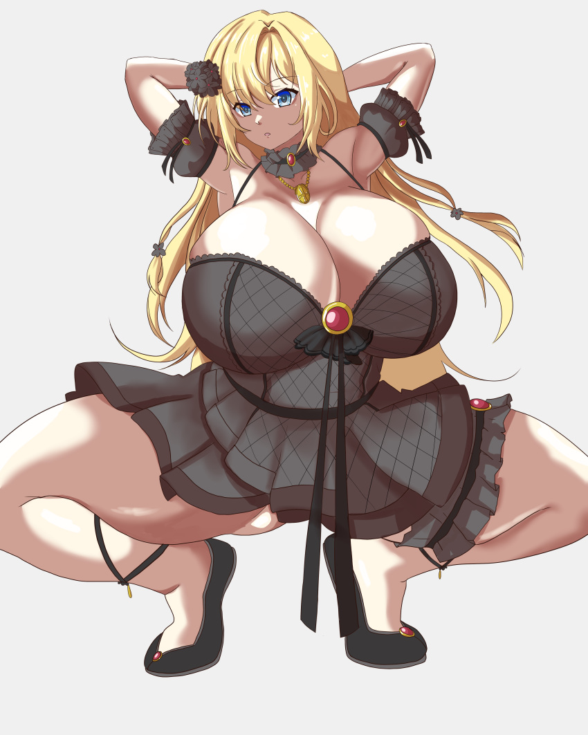 absurdres altea_aquila_(jain_no_ikenie) arms_behind_head black_dress black_footwear blonde_hair blue_eyes breasts cleavage dress female gem gigantic_breasts highres jain_no_ikenie long_hair puffycrow shaded_face shoes short_dress simple_background solo squatting thick_thighs thighs white_background