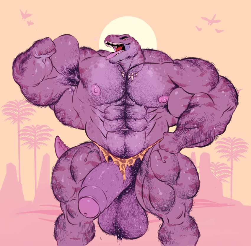 abs anthro areola armpit_hair balls barazoku beard biceps big_balls body_hair chest_hair clothed clothing digital_media_(artwork) dinosaur dirtyyeen facial_hair flat_colors flexing hairy hairy_balls half-erect hi_res huge_balls humanoid_penis hyper hyper_balls hyper_muscles hyper_penis jewelry loincloth looking_at_viewer male male_only mezcal mostly_nude muscular muscular_male navel necklace nipples open_mouth pecs penis pubes purple_body purple_scales quads scales sharp_teeth shoegaze. solo standing sweat teeth theropod thick_penis tongue tongue_out topless triceps tyrannosaurus_rex uncut vein veiny_penis wardrobe_malfunction