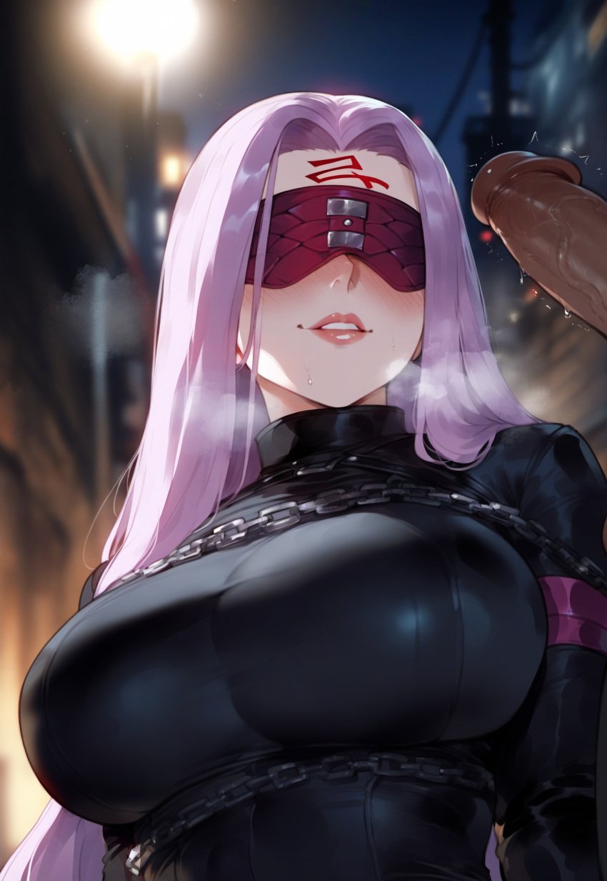 1boy 1girls ai_generated bangs blindfold blush bodysuit breasts chains clothing covered_eyes curvaceous curvaceous_female curvaceous_figure curvy curvy_figure dark-skinned_male erection eyewear facial_mark fate/grand_order fate/stay_night fate_(series) female female female_focus forehead_mark gloves hair_intakes imminent_fellatio interracial large_breasts lips long_hair long_sleeves looking_at_viewer male medusa_(fate) medusa_(rider) miyuai night outdoors parted_bangs parted_lips penis penis_awe purple_hair smile solo_focus straight sweat veins veiny_penis very_long_hair voluptuous voluptuous_female