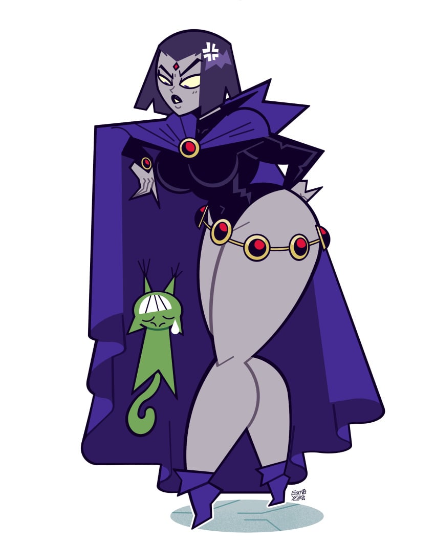 1girls annoyed beast_boy big_breasts cape cowl dc dc_comics feline female goodbyellow grey_body grey_skin lipstick looking_down purple_eyes purple_hair rachel_roth raven_(dc) teen_titans thick_thighs thighs wide_hips