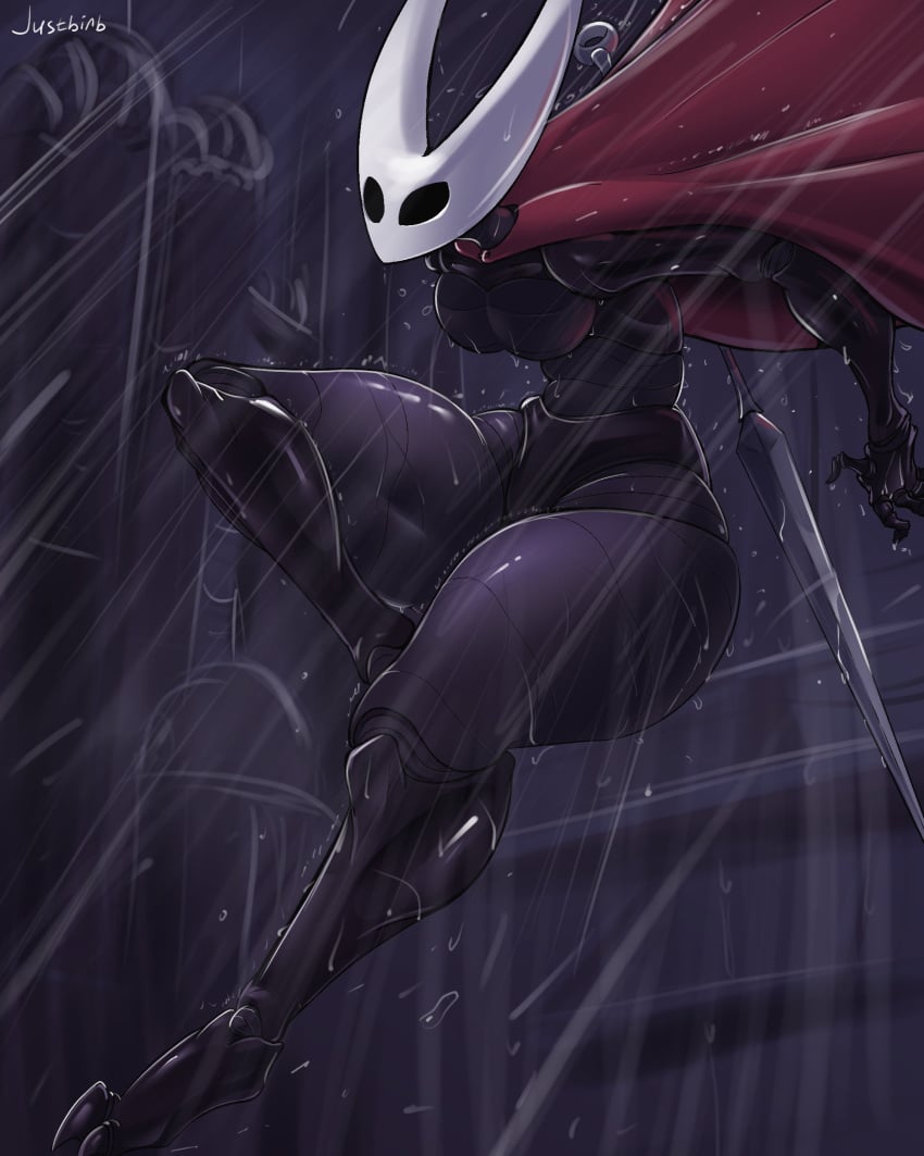 arthropod breasts cloak clothing female female_only full_body hollow_knight hornet_(hollow_knight) justbirb muscular muscular_thighs nail_(weapon) non-mammal_breasts rain solo thick_thighs watermark wet wet_body