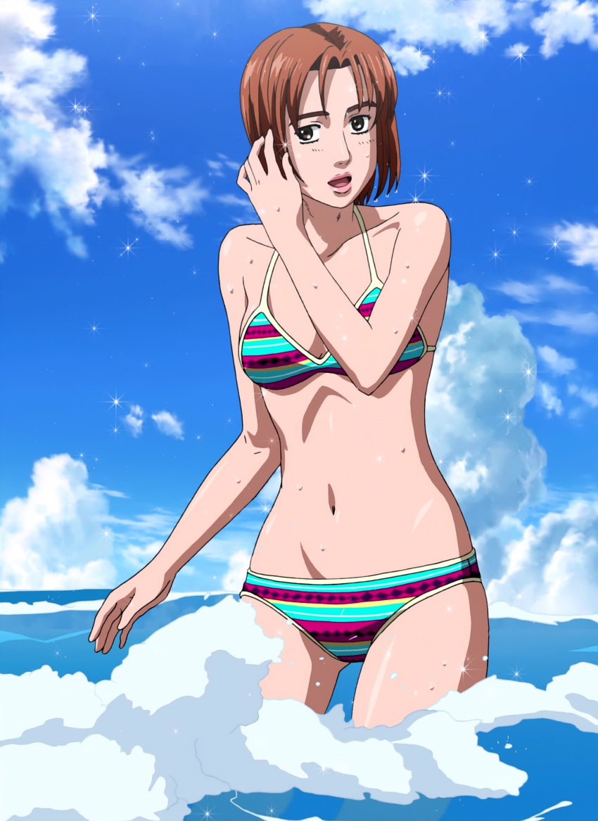 absurdres anime_screenshot beach bikini breasts brown_eyes brown_hair cleavage collarbone ecchi_san female highres initial_d medium_breasts mika_uehara navel ocean side-tie_bikini_bottom stitched stomach swimsuit thighs third-party_edit uehara_mika water wet wet_clothes wet_swimsuit