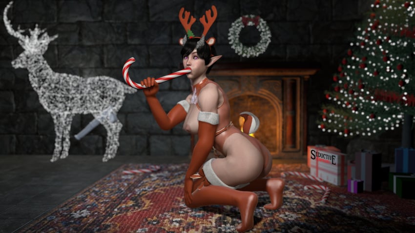 big_breasts black_hair christmas christmas_outfit christmas_tree dat_ass deepthroat deer game_cg horsecock presents short_hair tomboy training virtamate