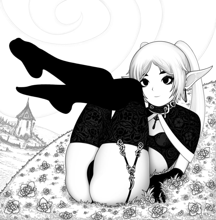 ass_focus black_eyes black_panties black_stockings detailed_background earrings elf elf_ears elf_female flowers frieren frieren_beyond_journey's_end lingerie ltstry medieval_background monochrome smile sousou_no_frieren white_hair