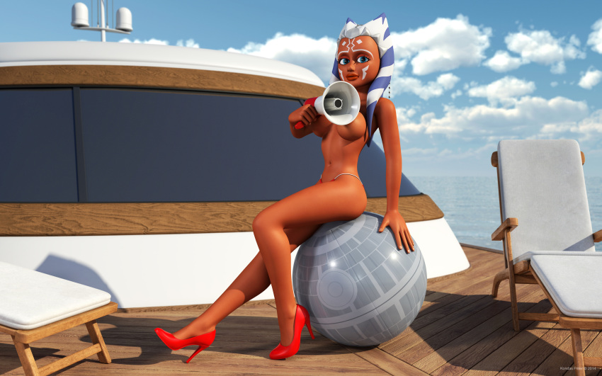 1girls 2014 3d ahsoka_tano alien alien_girl artist_name bare_shoulders big_breasts bikini bikini_bottom blue_eyes busty clone_wars curvy day death_star_beach_ball detailed_background eyelashes female female_only front_view half-dressed half_dressed high_heels holding_object hourglass_figure humanoid jedi jedi_padawan kondaspeter looking_at_viewer mammal marking no_bra orange_skin outdoor outside pose posing shadow shiny shiny_skin sitting solo star_wars swimsuit thong togruta topless voluptuous water wide_hips