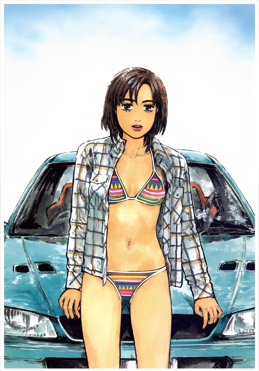 bottomless breasts brown_eyes brown_hair buttons car cloud comic cover day dress_shirt ecchi_san female highres initial_d lips lipstick looking_at_viewer makeup medium_breasts mika_uehara motor_vehicle navel official_art open_clothes open_mouth open_shirt outdoors plaid_clothes plaid_shirt pocket red_lips right-hand_drive shigeno_shuichi shirt short_hair sky smile solo standing subaru subaru_(brand) subaru_impreza swept_bangs swimsuit uehara_mika vehicle