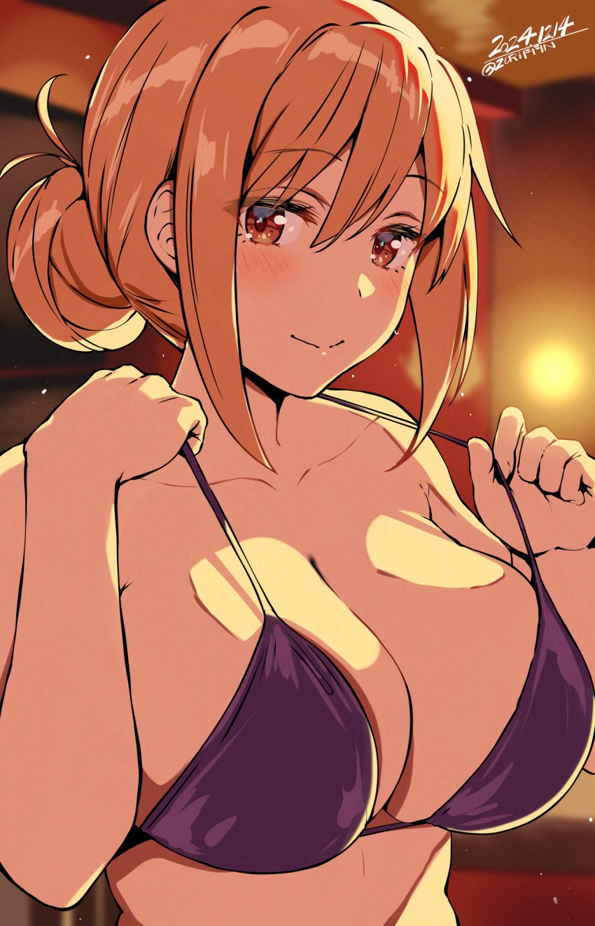 1girls bangs belko big_breasts blurry_background blush bra bra_lift bra_only cleavage dated female female_only hair hair_bun hi_res light-skinned_female light_skin looking_at_viewer my_teen_romantic_comedy_snafu orange_eyes orange_hair purple_bra smile solo twitter_username yuigahama_yui's_mother