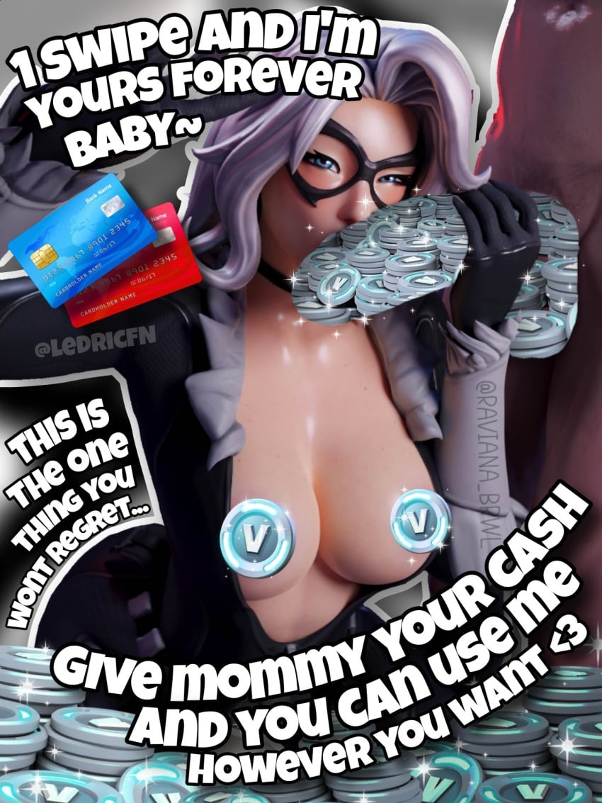 3d black_cat_(fortnite) black_cat_(marvel) breasts breasts_out caption censored censored_nipples censored_penis cock dick felicia_hardy findom fortnite holding_penis kissing_penis ledrical looking_at_viewer marvel marvel_comics penis raviana_brwl spider-man_(series) vbucks white_hair white_shirt