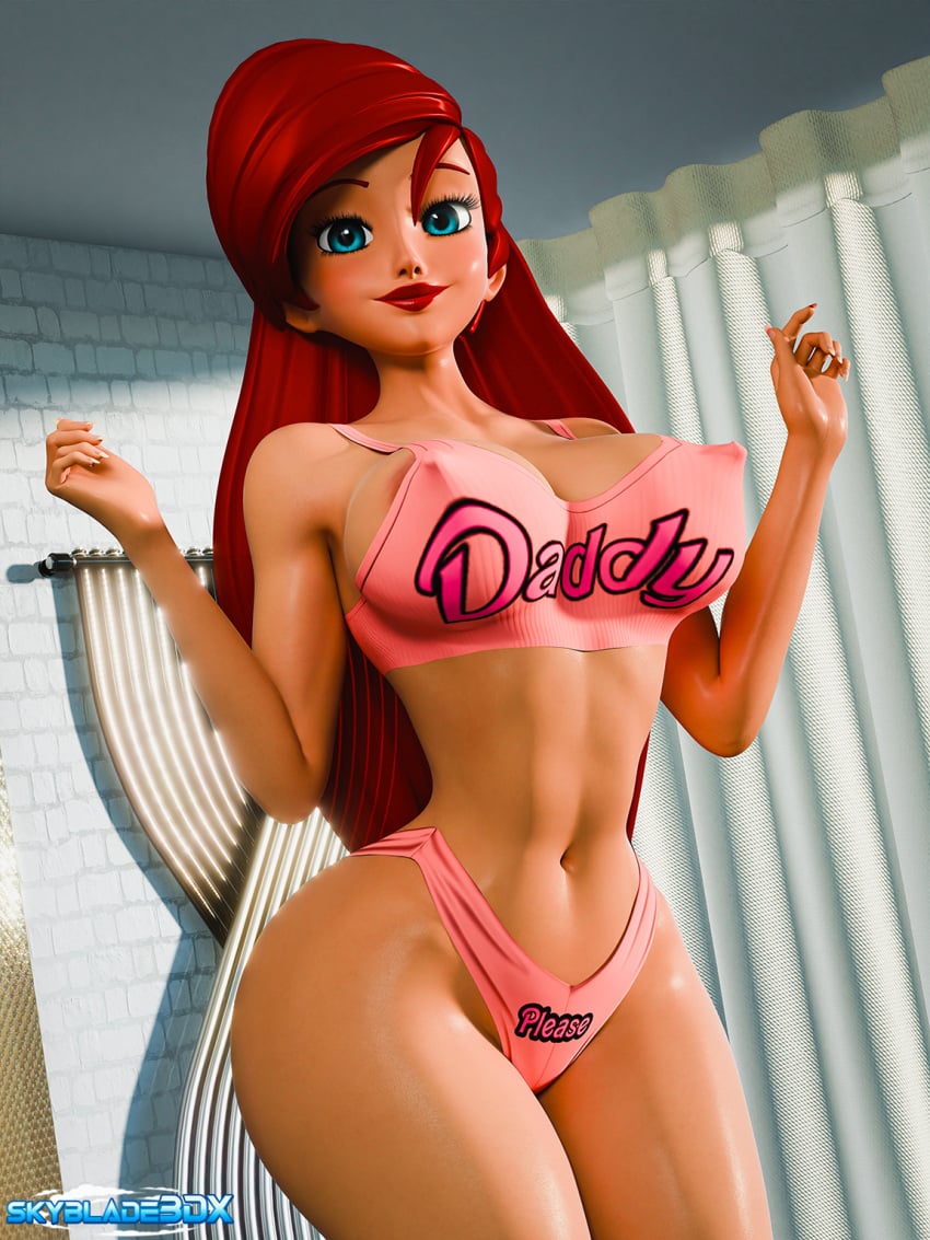 1girls 3d 3d_(artwork) ariel big_breasts bra breasts daddy_kink disney erect_nipples female nipple_bulge nipples panties red_hair skyblade3dx solo the_little_mermaid underwear