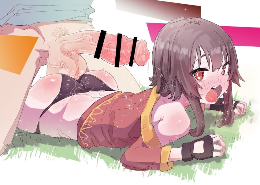 1boy absurdly_large_cock ass bar_censor black_gloves black_panties blush brown_hair censored commentary dress emanonta erection female fingerless_gloves gloves highres kono_subarashii_sekai_ni_shukufuku_wo! large_penis large_testicles long_sleeves lying megumin nose_blush on_stomach open_mouth panties penis red_dress red_eyes satou_kazuma short_hair_with_long_locks solo_focus straight sweat testicles tongue tongue_out underwear veins veiny_penis