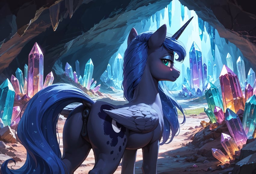 ai_generated animal animal_genitalia animal_pussy anus ass blue_body blue_fur cutie_mark equine_genitalia equine_pussy female female_only feral feral_only friendship_is_magic hasbro long_hair my_little_pony princess_luna_(mlp)