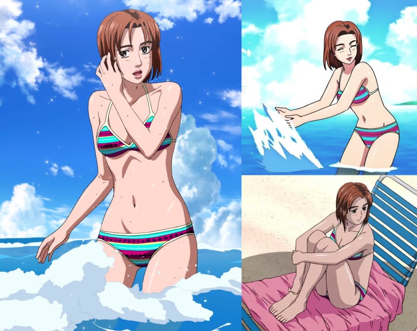 absurdres anime_screenshot arms_around_legs beach bikini blanket bra breasts brown_eyes brown_hair chair cleavage collarbone ecchi_san female highres initial_d medium_breasts mika_uehara multiple_views navel ocean panties sand shade shaded_face shadow side-tie_bikini_bottom sitting stitched stomach swimsuit thighs third-party_edit uehara_mika underwear water wet wet_clothes wet_swimsuit