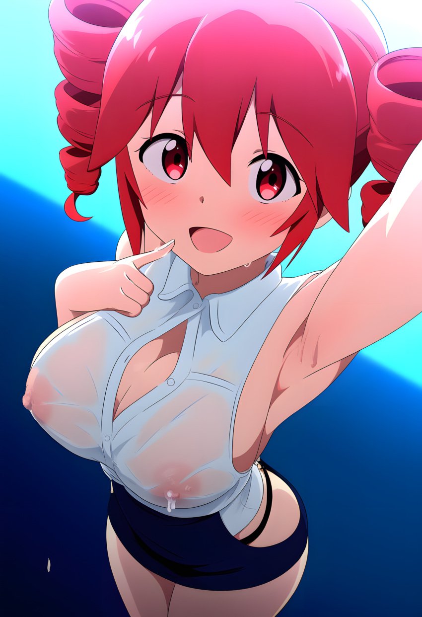 1female 1girls ai_generated armpits artist_request big_breasts breast_milking drill_hair kasane_teto lactating milking nipples red_eyes red_hair transparent_clothing twin_drills utau