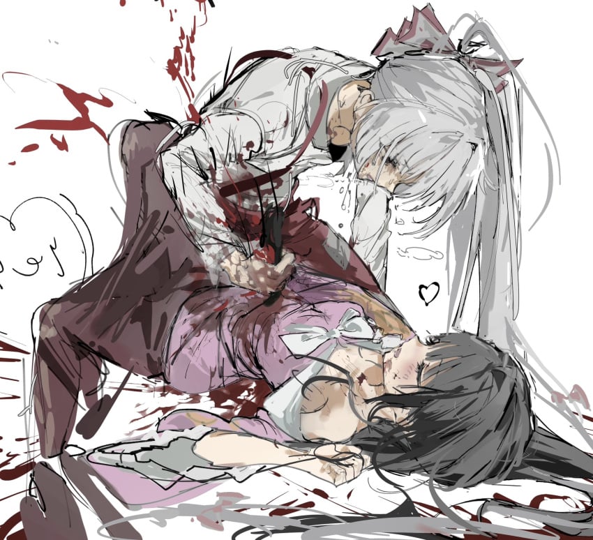 2girls black_hair blood blood_on_chest blood_on_clothes blood_on_ground blood_on_hands blood_on_weapon blood_splatter blunt_bangs bow bowtie closed_eyes clothing_cutout frills fujiwara_no_mokou hair_between_eyes hairbow heart heart_cutout high_ponytail highres hime_cut houraisan_kaguya injury light_blush long_hair long_sleeves looking_at_another lying messy_hair multiple_girls on_back sesmkun shirt simple_background stab sweatdrop touhou very_long_hair weapon white_background white_bow white_bowtie white_hair white_shirt yuri