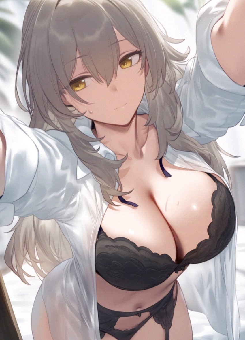 ai_generated ass_visible_from_the_front bare_belly bare_legs bare_thighs belly_button big_breasts black_bra black_panties bra breasts cleavage closed_mouth collarbone female female_only garter_belt garter_straps grey_hair honkai:_star_rail lace-trimmed_bra lace-trimmed_panties lingerie long_hair open_shirt panties selfie setsuaiart shirt short_sleeves solo stelle_(honkai:_star_rail) sweatdrop thighs underwear white_shirt yellow_eyes