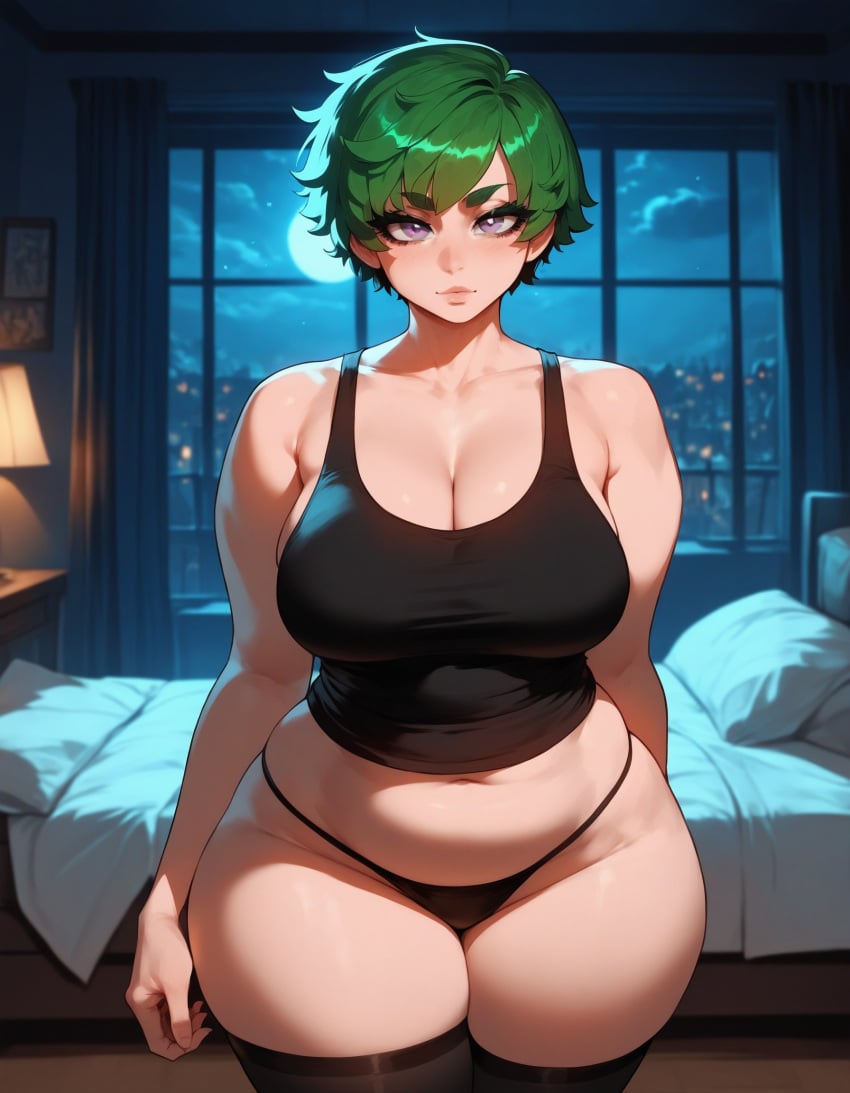 1girls ai_generated big_breasts black_t-shirt bob_cut bob_hair cleavage curvy curvy_figure dark_green_hair gray_eyes green_hair huge_breasts kaeli_(xandr) light-skinned_female light_skin messy messy_hair nerd nerdy nerdy_female plump plump_ass plump_butt plump_female plump_thighs short_hair stockings thick thick_ass thick_thighs thong very_short_hair voluptuous voluptuous_female whore xandr