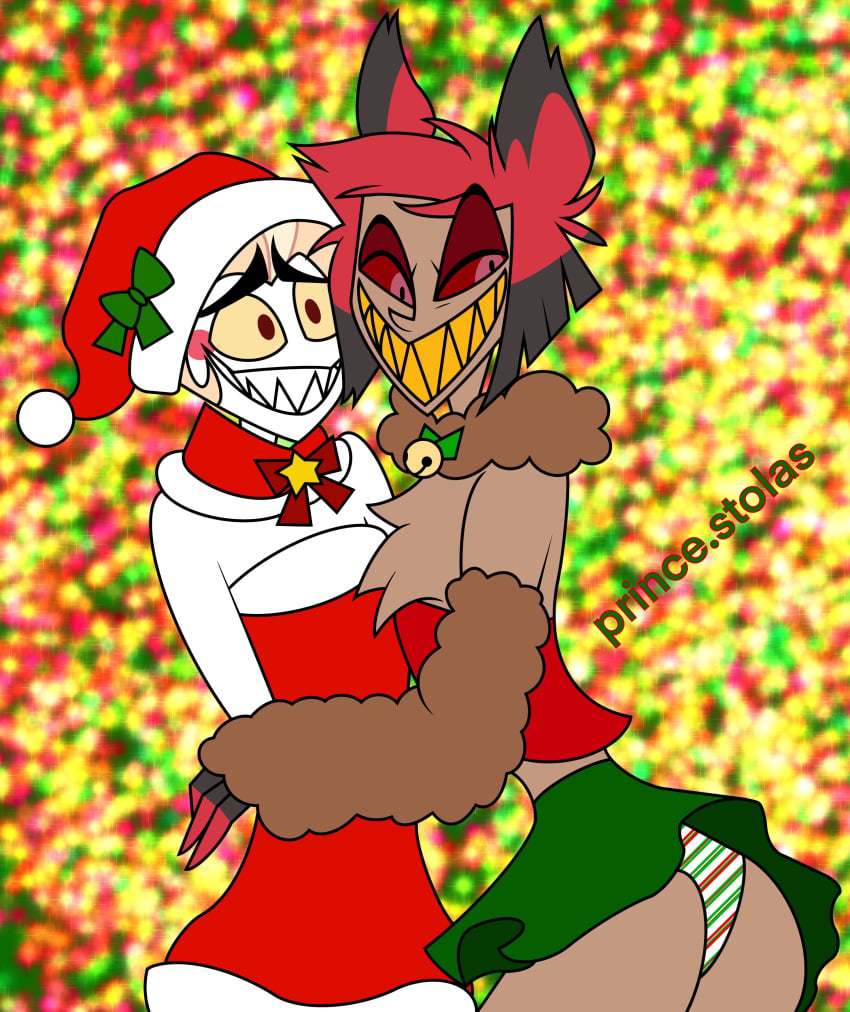 alastor_(hazbin_hotel) christmas christmas_hat christmas_tree crossdressing deer hazbin_hotel lucifer_morningstar_(hazbin_hotel) male_only non-human underwear