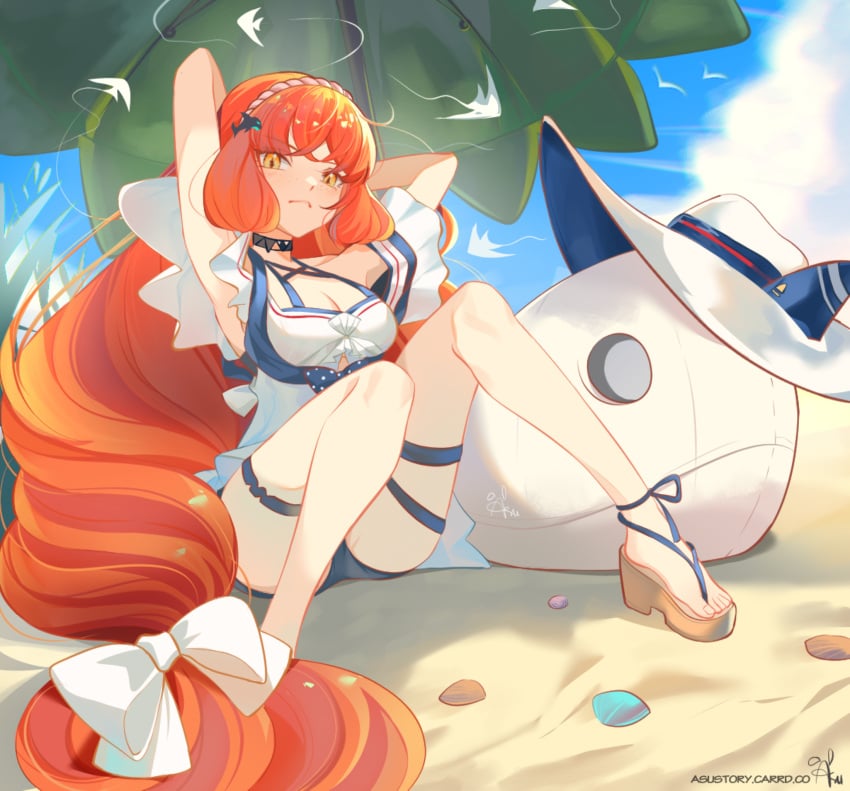 1girls arknights asu_usagi beach bow_ribbon breasts cleavage clothed ishmael_(limbus_company) light-skinned_female limbus_company long_hair looking_at_viewer orange_eyes orange_hair project_moon seashell sfw skadi_(waverider)_(arknights) solo solo_female tagme whale