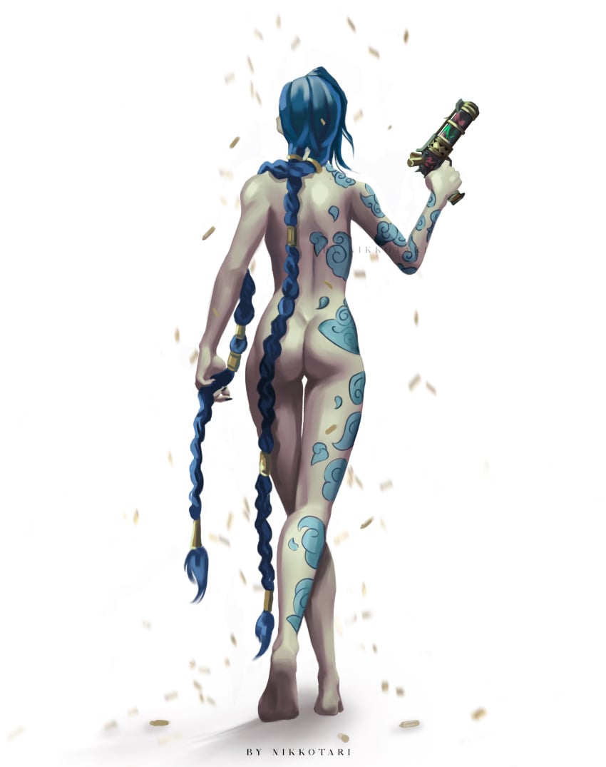 1girls artist_name ass blue_hair braided_hair jinx_(league_of_legends) league_of_legends nikkotari nude riot_games solo tattoo tattoos