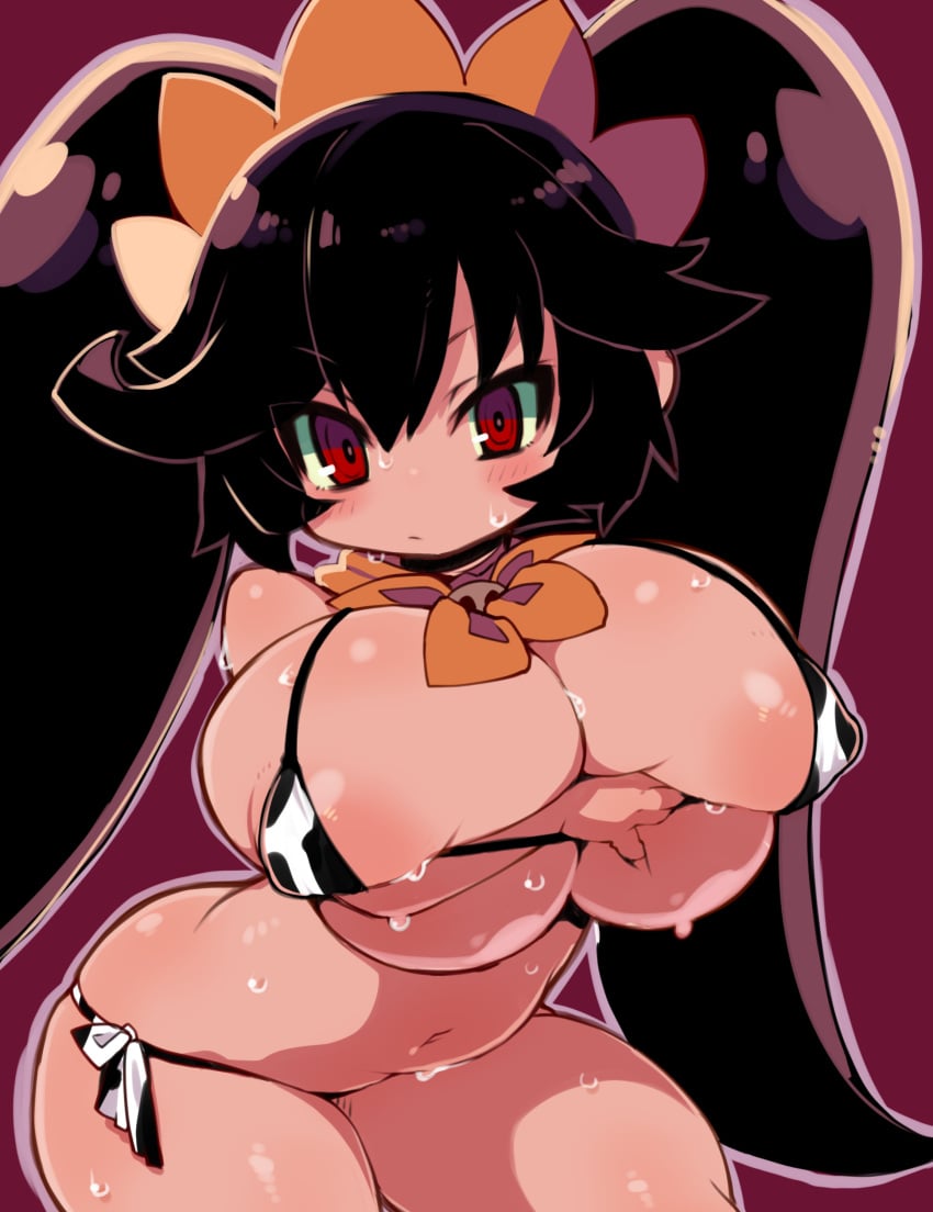 1girls ashley_(warioware) belly black_hair cow_bikini cow_print holding_breast huge_breasts looking_at_viewer nintendo red_eyes skindentation solo squeezing_breast sweat thighs twintails warioware zankuro