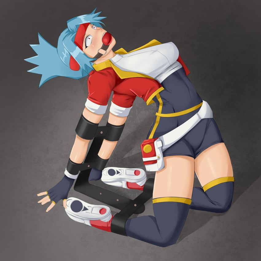 ankle_cuffs arched_back arm_cuffs ball_gag bdsm blue_hair bondage gagged gloves handcuffs headband kenichillustrated metal_cuffs pokemon pokemon_ranger pokemon_ranger_(pokemon) ponytail restrained restraints skintight_clothing sneakers solana_(pokemon) sweatband tagme thighs