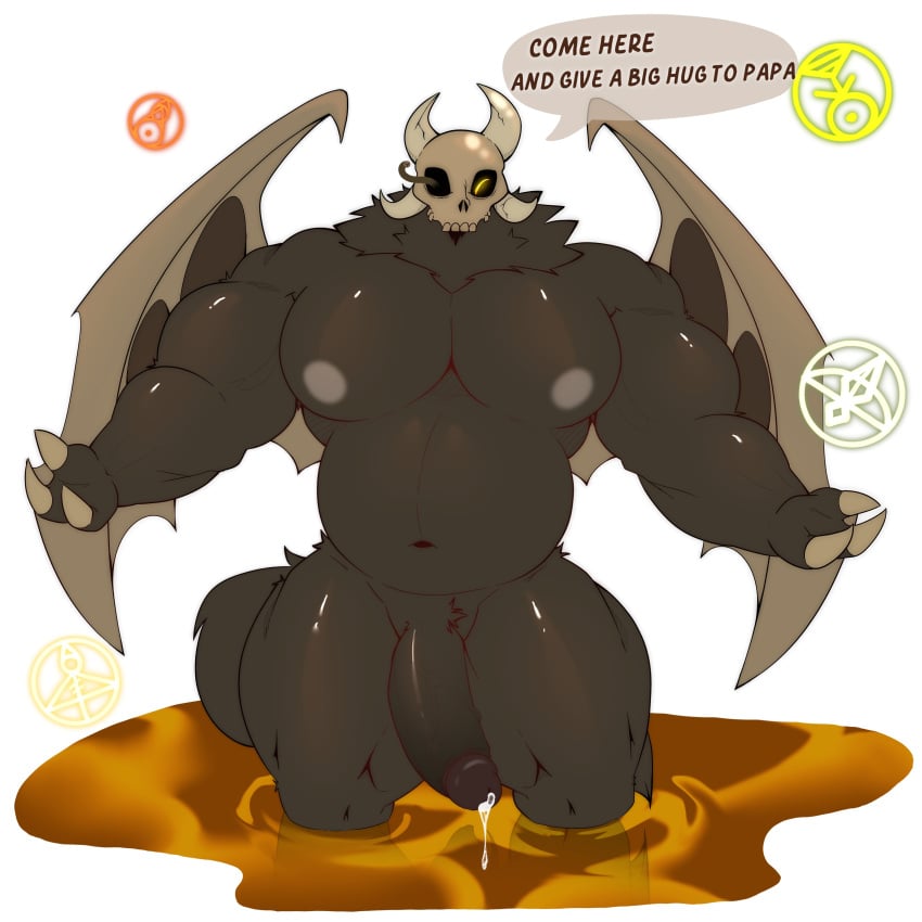 1:1 absurd_res anthro belly black_body black_fur black_penis black_skin black_text bodily_fluids bone claws cum disney finger_claws flaccid fur genital_fluids genitals glistening glistening_body glyphs grey_nipples hi_res horn hug_invitation humanoid humanoid_genitalia humanoid_penis leaking leaking_cum leaking_precum male male_only musclegut muscular muscular_anthro muscular_arms muscular_male muscular_thighs neck_tuft nipples nude nude_male offering_hug papa_titan_(the_owl_house) pecs penis precum sillydemon_0 simple_background skull skull_head solo solo_focus speech_bubble spread_arms tagme tail text the_owl_house tuft white_background wings zukodv