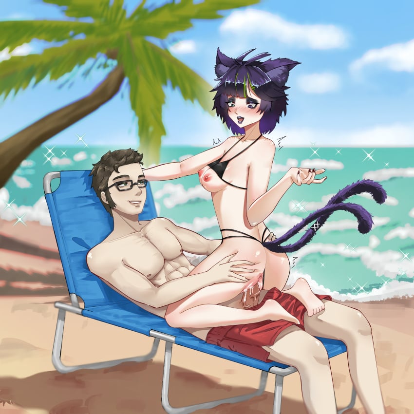 beach beach_chair beach_sex bikini bikini_aside bikini_bottom bikini_top black_hair brown_hair cat_ears cat_tail cat_tails glasses goth goth_girl happy_sex nekomata nira_sakulin oc original_character outdoor_sex outdoors small_breasts the_city_of_reygarth thorg(blarghonator) vaginal_penetration vaginal_sex varouke1