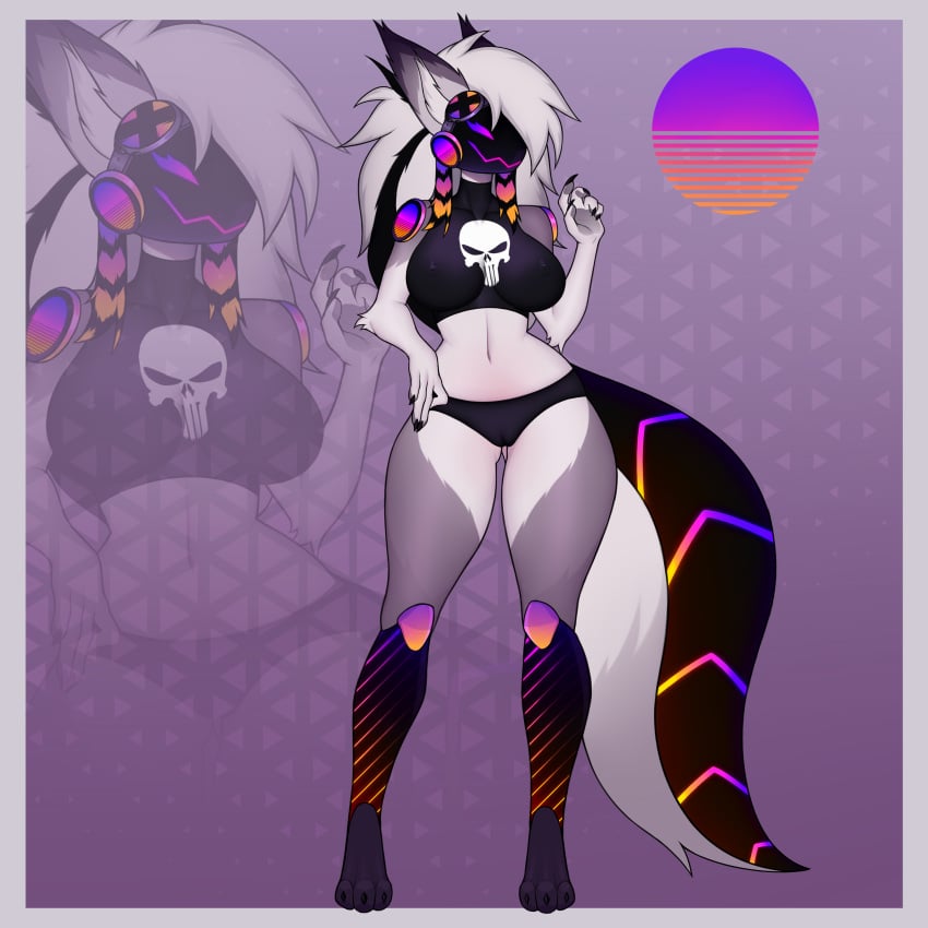 absurd_res artist_request big_breasts big_tail cameltoe female female_only protogen purple_eyes skull smile white_hair