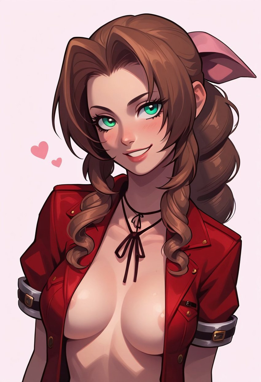 1girls aerith_gainsborough ai_generated areola_slip blush bow breasts brown_hair collarbone drill_hair final_fantasy final_fantasy_vii green_eyes hair_ribbon heart jacket lips long_hair looking_at_viewer medium_breasts nipples no_bra open_clothes open_jacket parted_lips red_jacket ribbon short_sleeves sidelocks simple_background smile solo upper_body xiiirockiiix